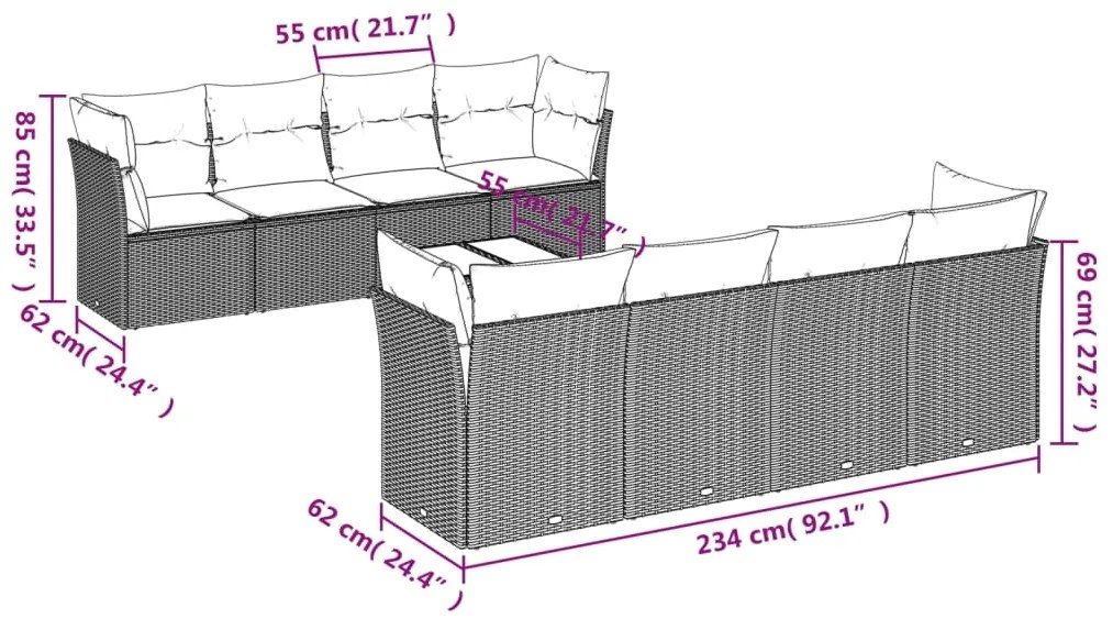 Set divano da giardino 9 pz con cuscini beige in polyrattan