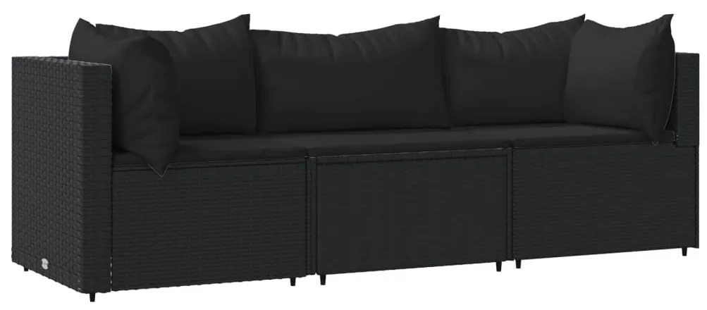 Set Divani da Giardino 3 pz con Cuscini Nero in Polyrattan