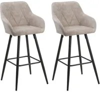 Set di 2 Sgabelli da Bar Rivestiti in Tessuto Beige con Braccioli Schienale Trapuntato Gambe in Metallo Nero