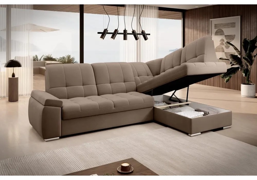 Divano angolare marrone allungabile/con contenitore (con penisola a destra/a L) e rivestimento in velluto Sado – ELTAP