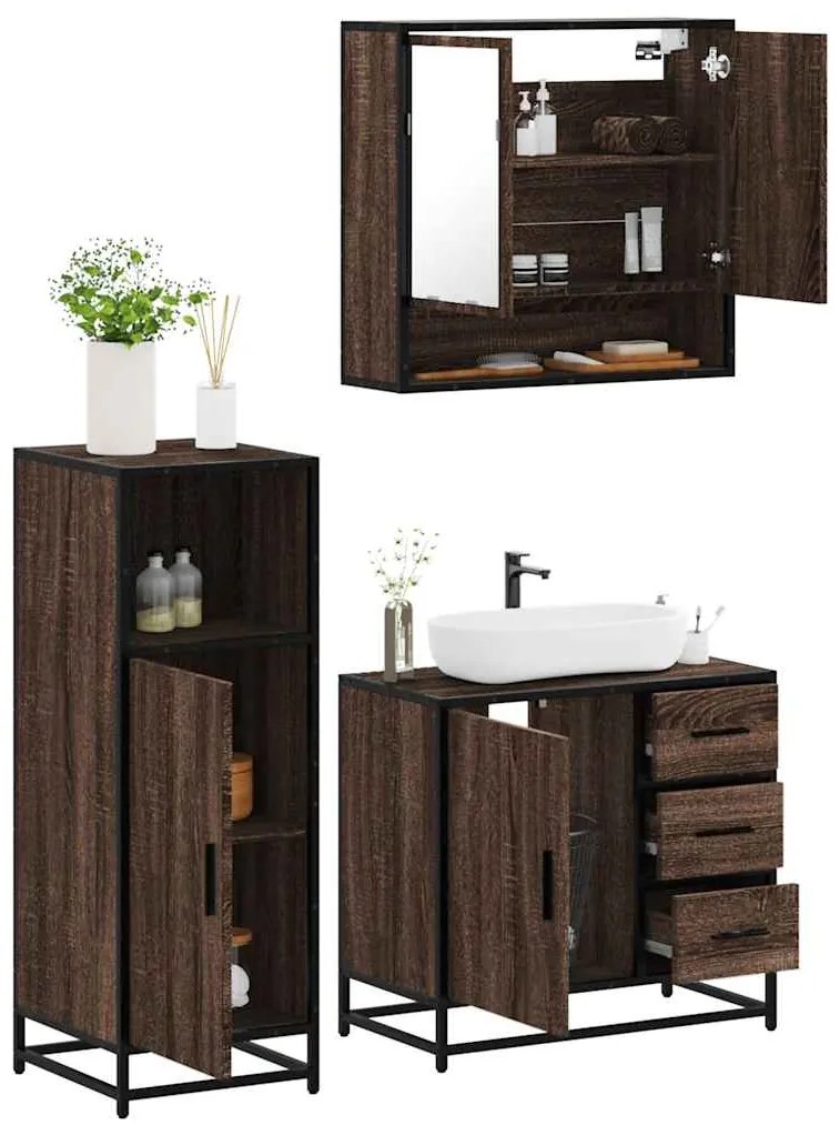 Set Mobili Da Bagno 3 Pz Rovere Marrone İn Legno Multistrato /