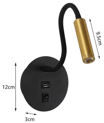 Brilagi -LED Lampada flessibile da muro con porta USB MAYA LED/3W/230V nero/oro