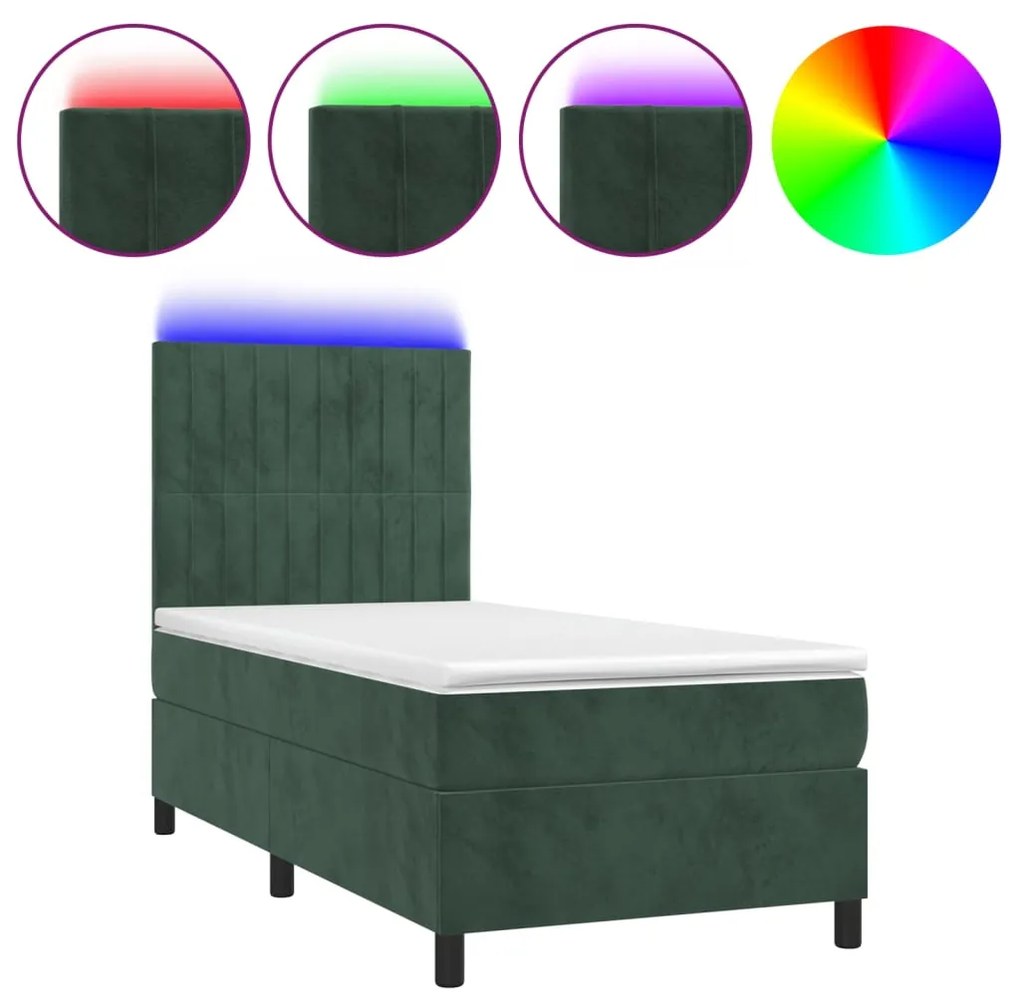 Letto a molle con materasso e led verde scuro 100x200cm velluto