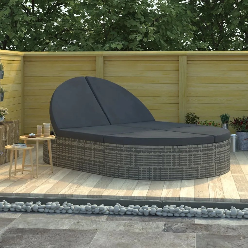 Lettino Prendisole A 2 Posti Con Cuscini İn Polyrattan Grigio /