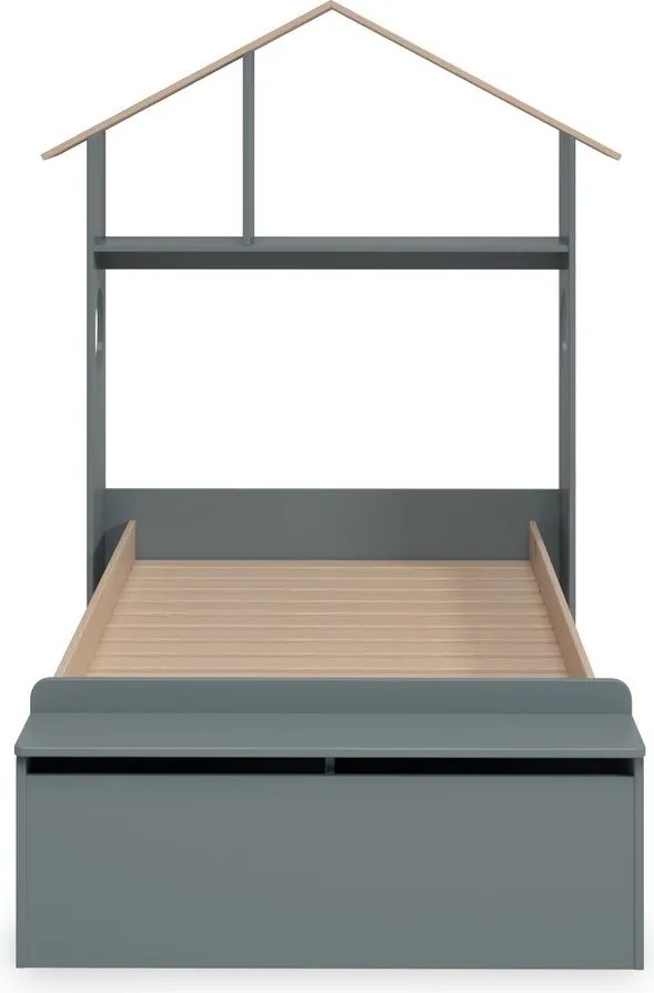 Letto da bambini a forma di casa di colore naturale/verde polveroso con effetto pino con contenitore con rete inclusa 90x190 cm Odessa – Marckeric