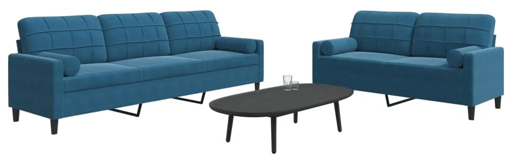 Set Di Divani 2 Pz Con Cuscini E Rinforzi Blu İn Velluto /