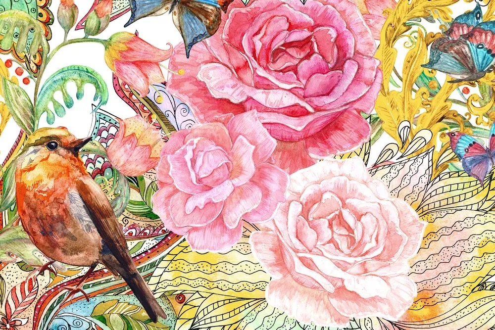 Quadro su tela – Uccellino vintage con fiori