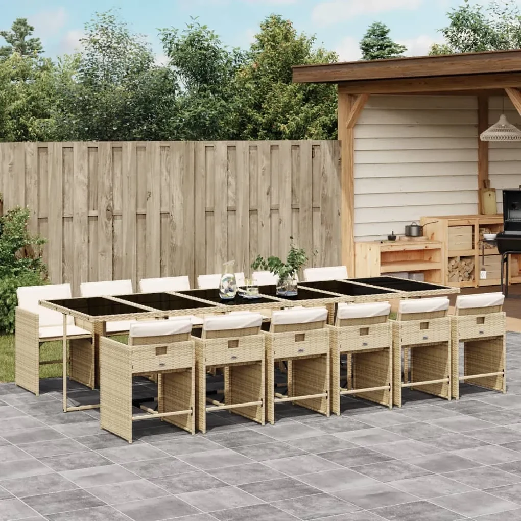 Set da pranzo da giardino 13 pz con cuscini beige in polyrattan