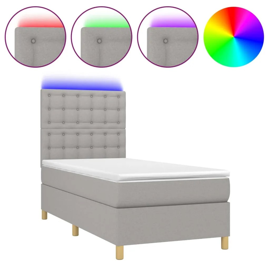 Letto a molle materasso e led grigio chiaro 90x190 cm tessuto