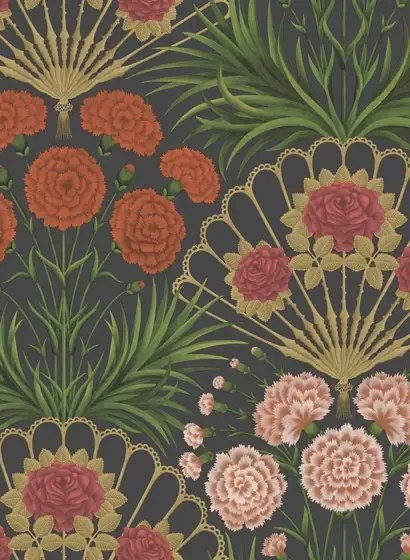 Cole & Son Carta da parati Flamenco Fan - Cerise/ Tangerine on Black