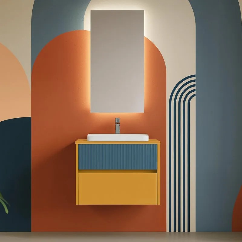 Mobile bagno sospeso con lavabo Niwa 2 cassetti per vasca centrale laccato opaco senape con vetro blu pacifico cannettato