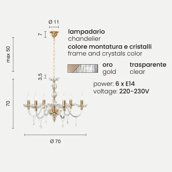 Lampada a sospensione 6 luci - cristallo e vetro D70 cm BRIGIDA