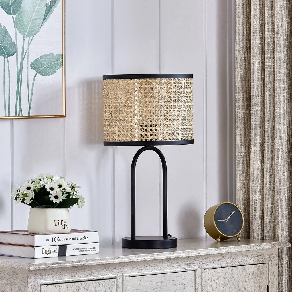 Lampada da tavolo Lindby Yaelle, altezza 50 cm, rattan, nero, E27