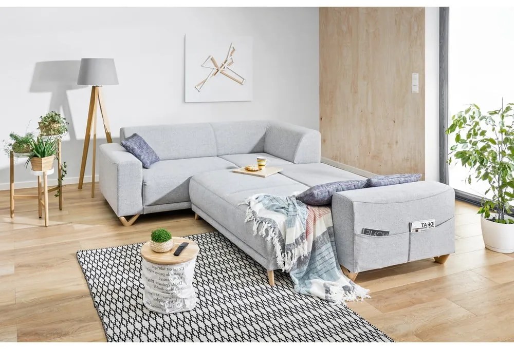 Divano angolare grigio chiaro allungabile e con contenitore (con penisola a sinistra/a L) Classy Sophie – Miuform