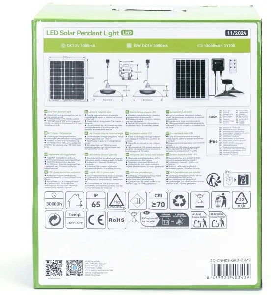 Aigostar - Lampadario solare LED 2x LED/70W/12V 12000 mAh 6500K Ø 23,5 cm
