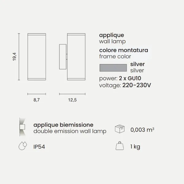 Applique NEVADA 9x12 cm per esterni in alluminio Silver con diffusore in vetro