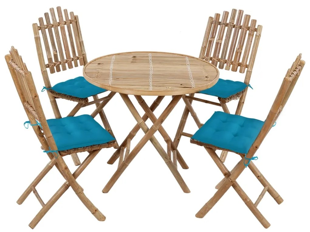 Set Da Pranzo Da Giardino 5 Pz Pieghevole Con Cuscini İn Bambù /