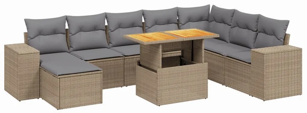 Set divano da giardino 9 pz con cuscini beige in polyrattan