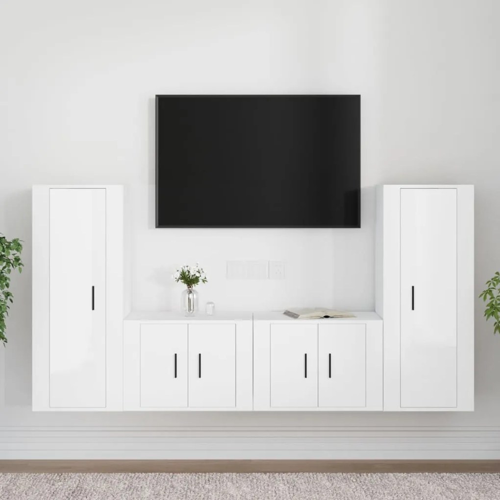 Set Di Mobili Porta Tv 4 Pz Bianco Lucido İn Legno Multistrato /
