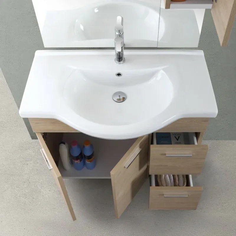 Mobile bagno a terra 85 cm rovere dolomite con pensile su specchio LED Desya