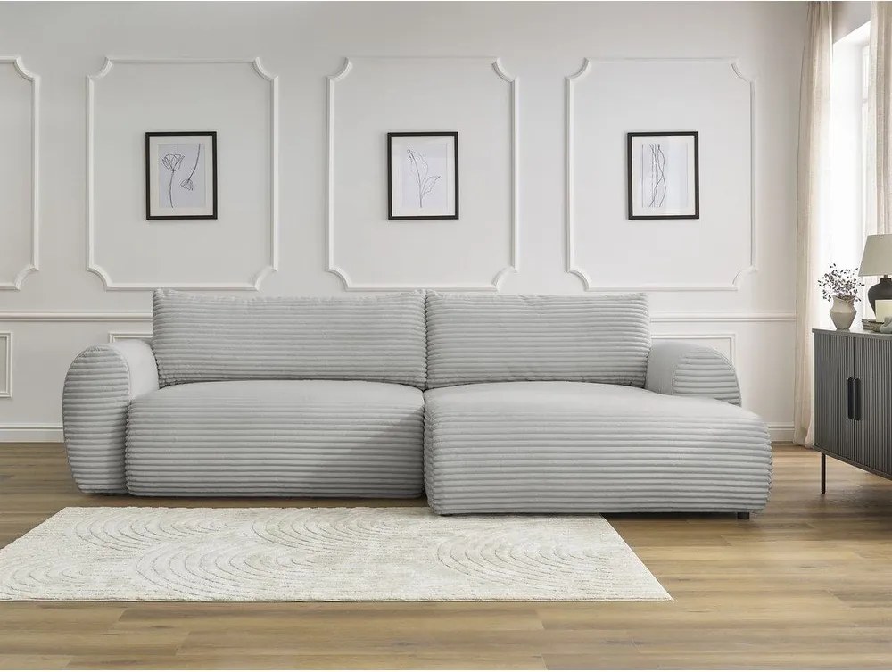 Divano angolare in grigio chiaro allungabile (con penisola a destra) con rivestimento in velluto a coste Lucien – Bobochic Paris
