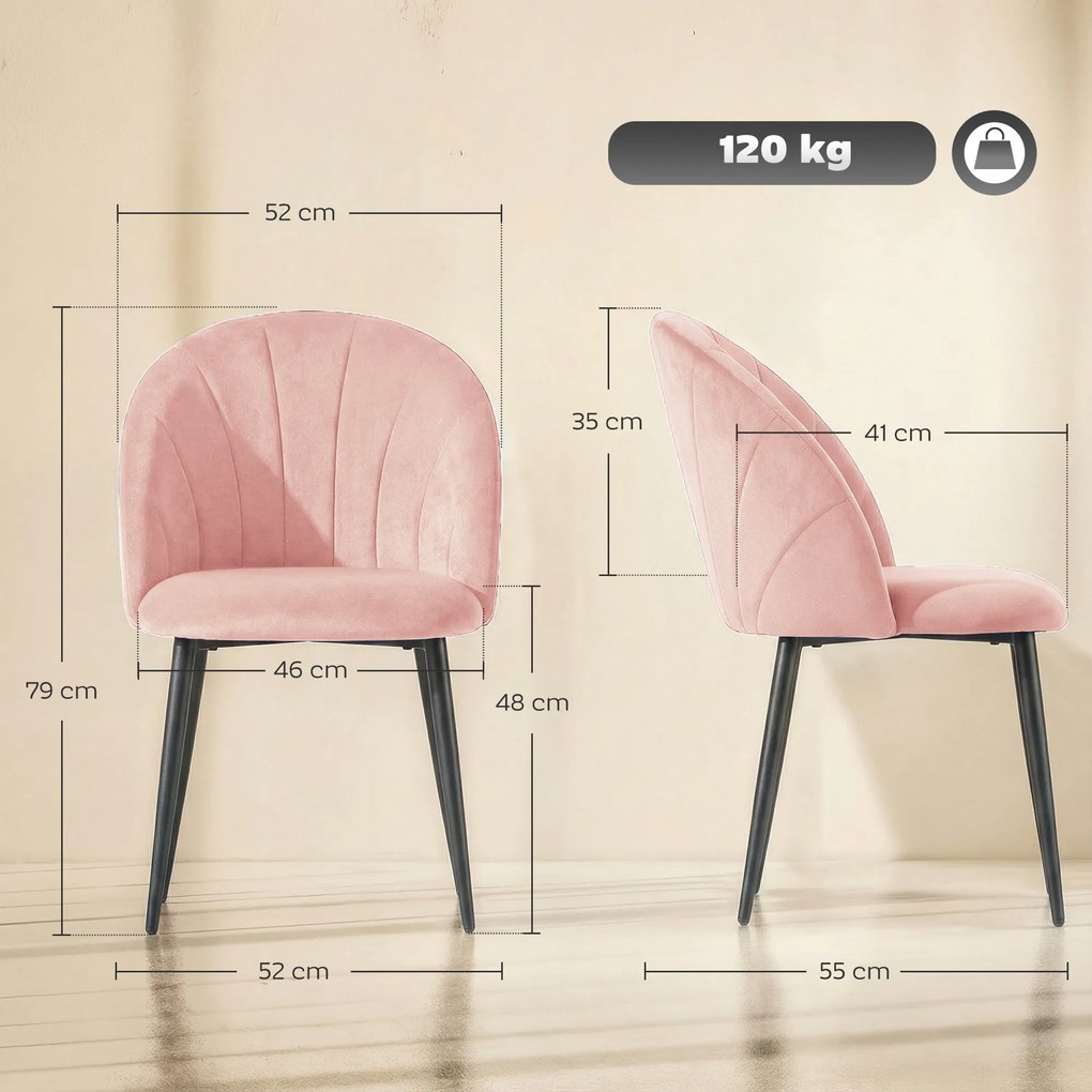 Set 2 Sedie da Pranzo Imbottite 52x55x79 cm con Schienale a Conchiglia in Velluto Rosa...
