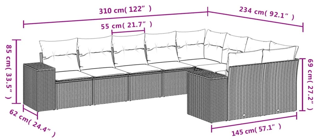 Set Divano da Giardino 9 pz con Cuscini Beige in Polyrattan