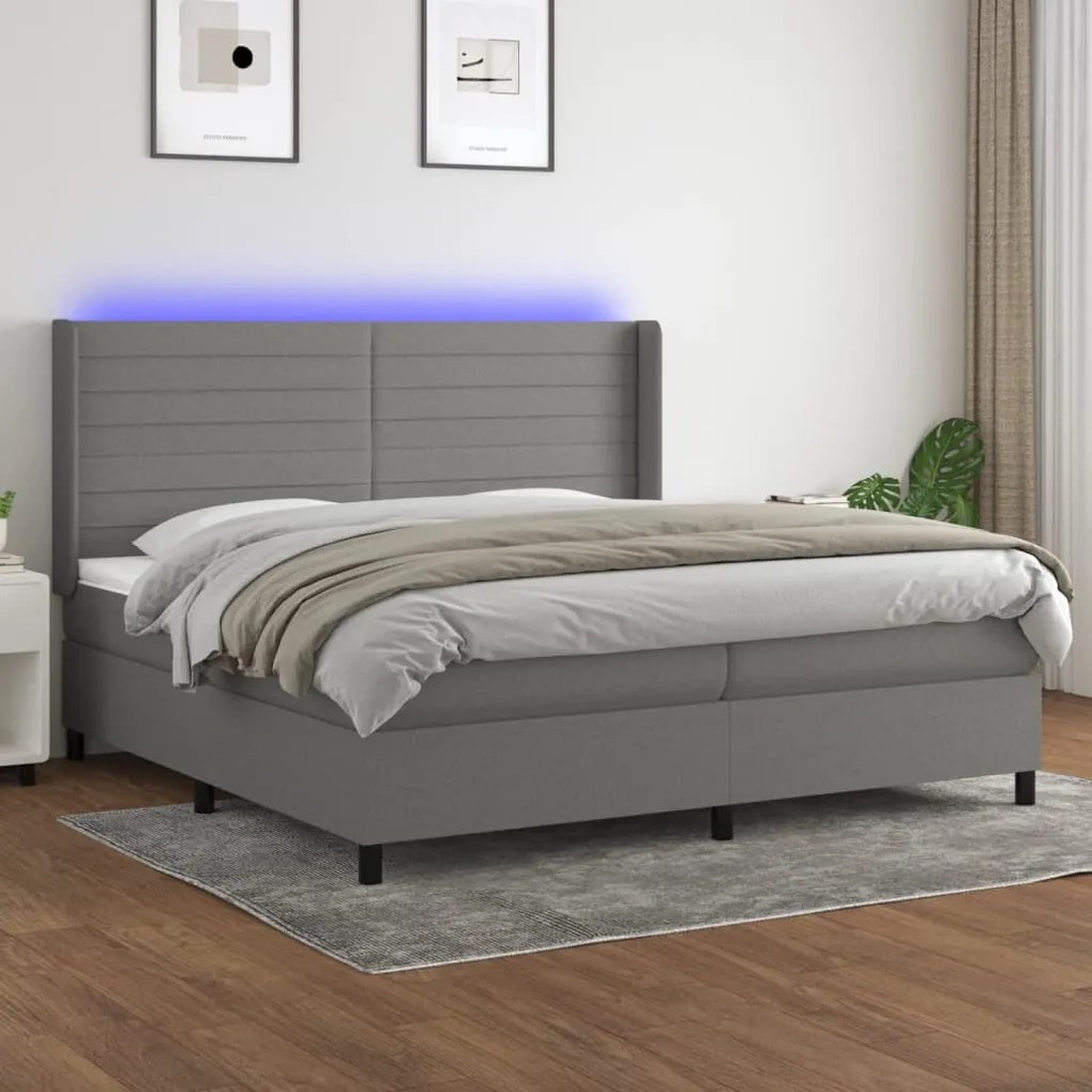 Letto a molle materasso e led grigio scuro 200x200cm in tessuto