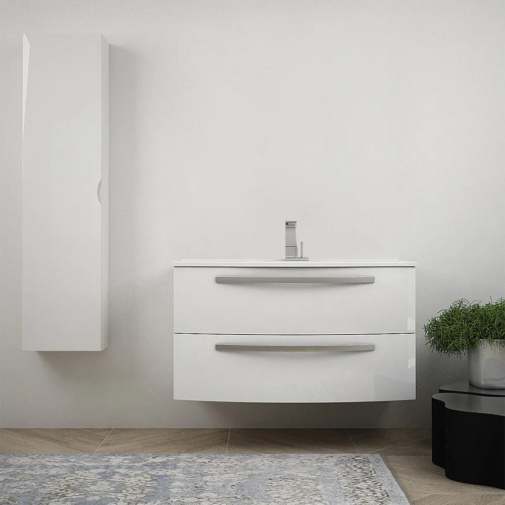 Mobile per bagno bianco lucido 100 cm sospeso bombato - Berlino con colonna da 140 cm