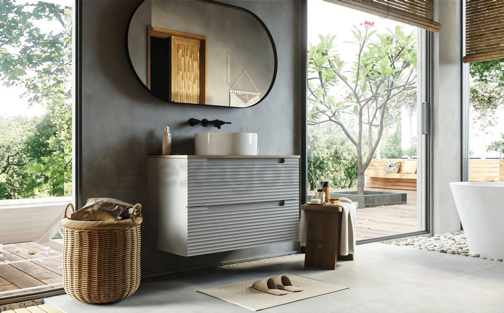 Mobile bagno clear grey 100x45 Mango due cassetti soft close con top quercia e lavabo tondo da appoggio in ceramica lucida