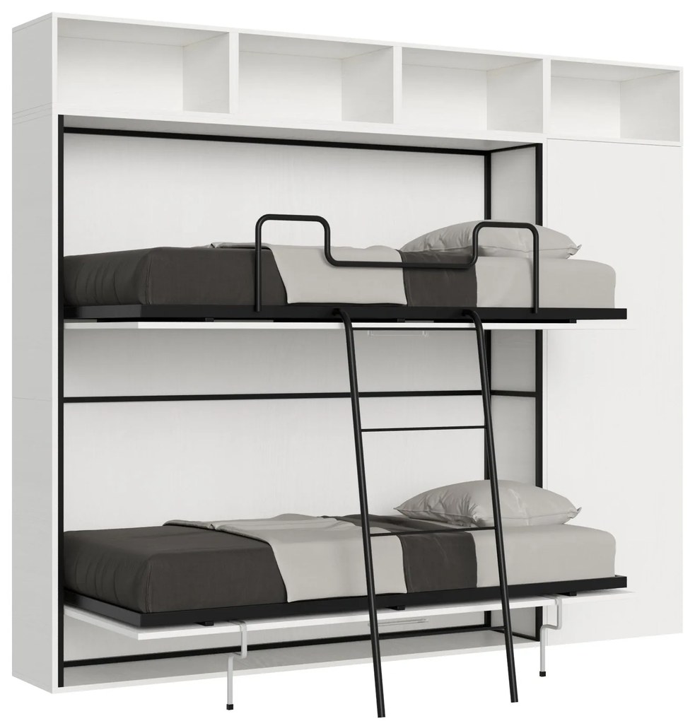 Letto a scomparsa matrimoniale orizzontale Kando con libreria multifunzionale, L.266,5 P.39,2 H.223,1 cm (aperto P.106 cm) / Bianco Frassino