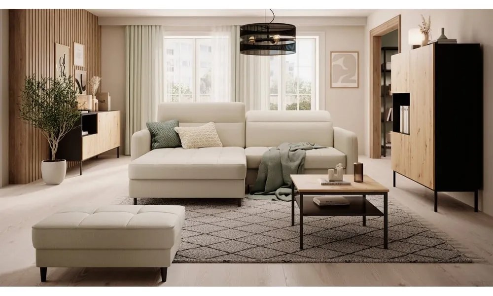 Divano angolare beige allungabile/con contenitore (con penisola a sinistra/con chaise lounge) e rivestimento in velluto Gomsi – ELTAP