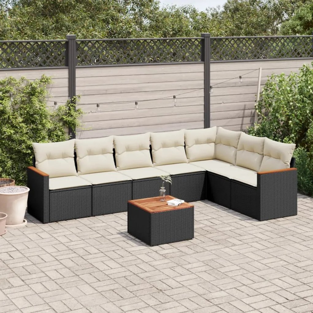 Set divani da giardino con cuscini 8 pz nero in polyrattan