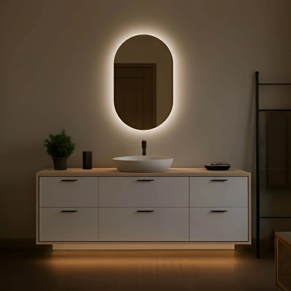 Ovale specchio moderno con luci LED 50x80cm su šaltu LED apšvietimu 7000K, šiltu apšvietimu 3000K arba neutraliu apšvietimu 4500K