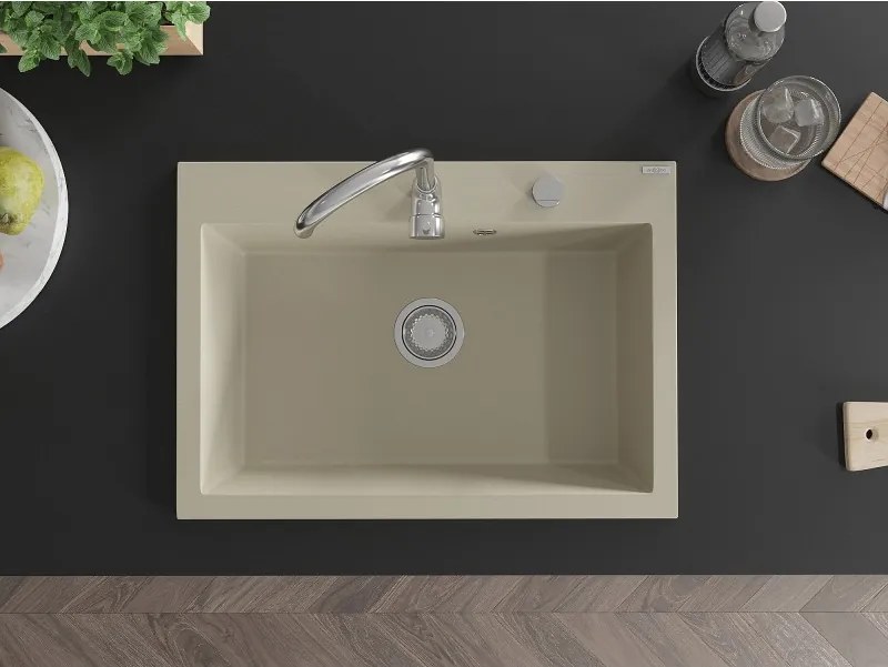 Mexen Elix lavello da cucina in granito 1-vasca 700 x 500 mm, beige, sifone cromato - 6526701005-69