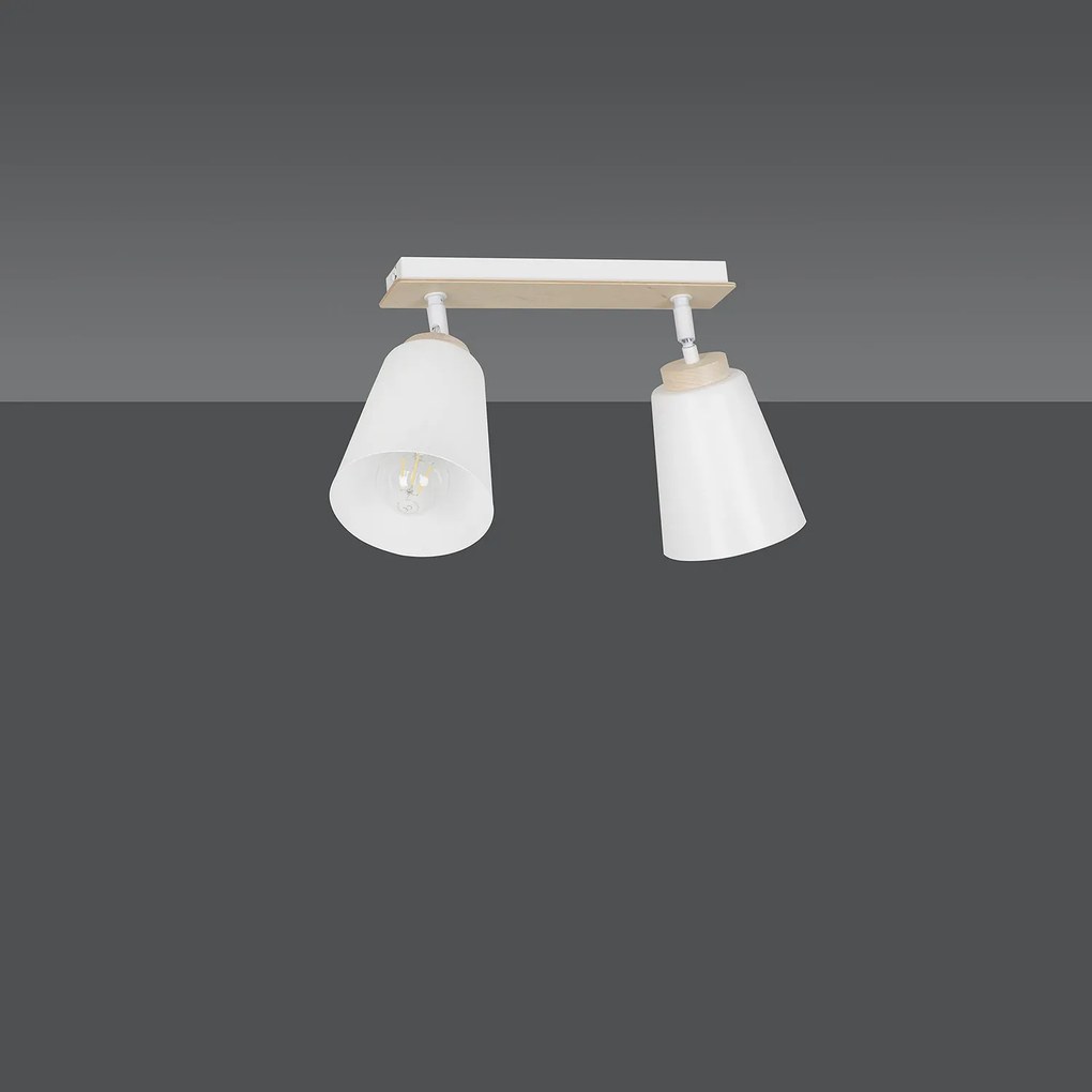 Plafoniera Spot Faretti Orientabili 2 Luci Xiwangmu Acciaio Bianco E Legno Naturale