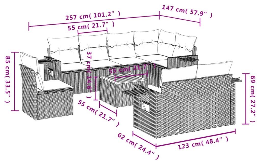 Set Divani da Giardino 9 pz con Cuscini Nero in Polyrattan