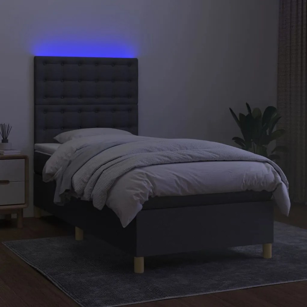 Letto a molle materasso e led grigio scuro 80x200 cm in tessuto