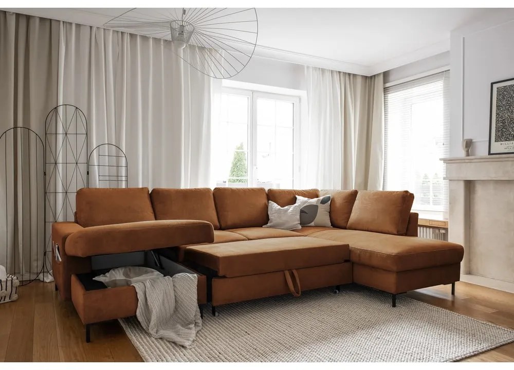Divano letto in velluto a coste arancio-marrone (angolo destro) Lofty Lilly - Miuform