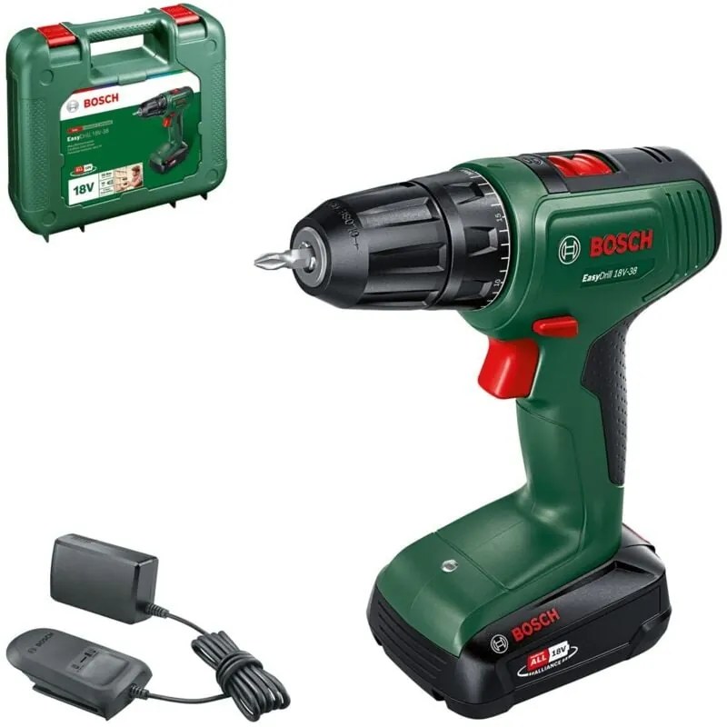Bosch Avvitatore a batteria EasyDrill 18V-38 1 batteria da 2,0 Ah, sistema da 18 Volt, in valigetta – Azione a batteria, 38Nm mandrino 13mm, 1