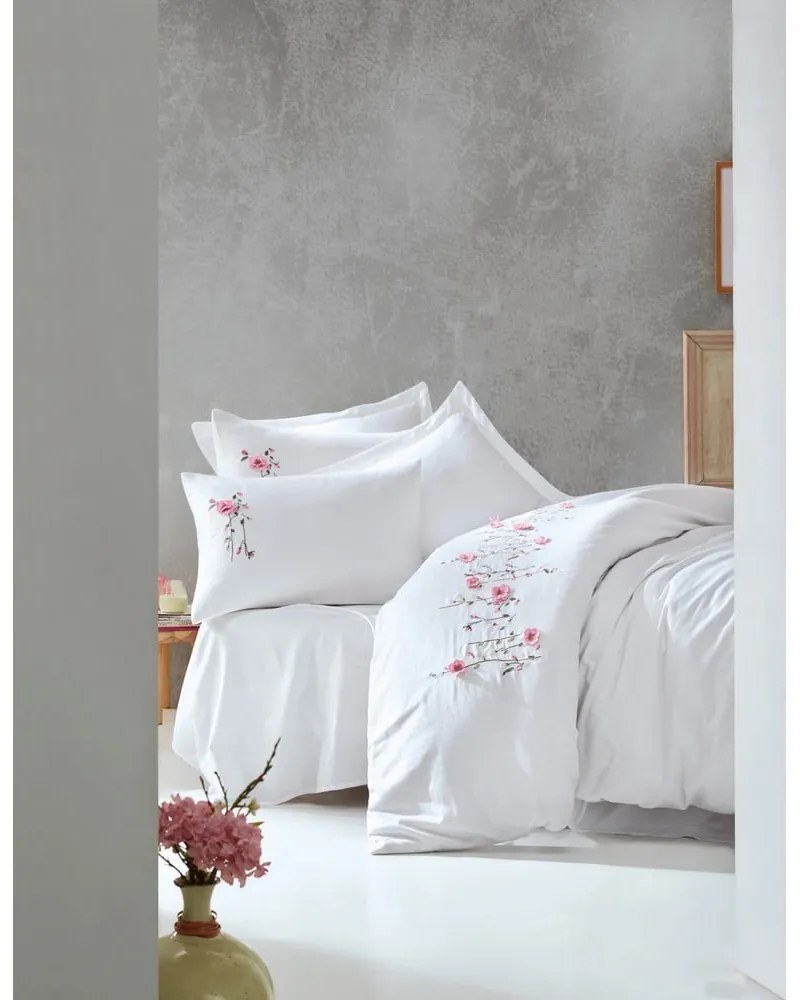 Biancheria da letto in cotone sateen bianco con lenzuolo per letto matrimoniale Bianco, 200 x 220 cm Perla - Mijolnir