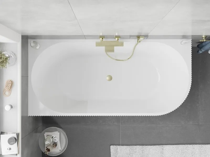 Mexen Silo vasca indipendente ad angolo sinistro scanalata 170 x 80 cm, bianca, troppopieno oro spazzolato - 52891708000L-55