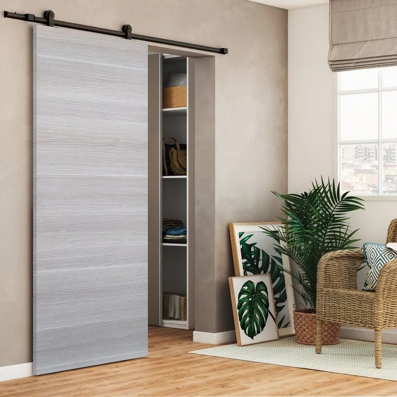 Porta scorrevole Corn in mdf grigio, L 92.5 x H 211.5 cm, con binario Loft nero Reversibile