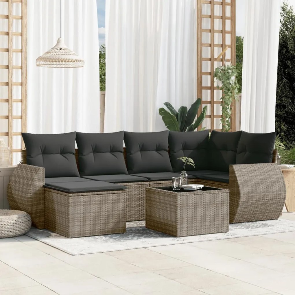 Set divani da giardino 7 pz con cuscini grigio in polyrattan