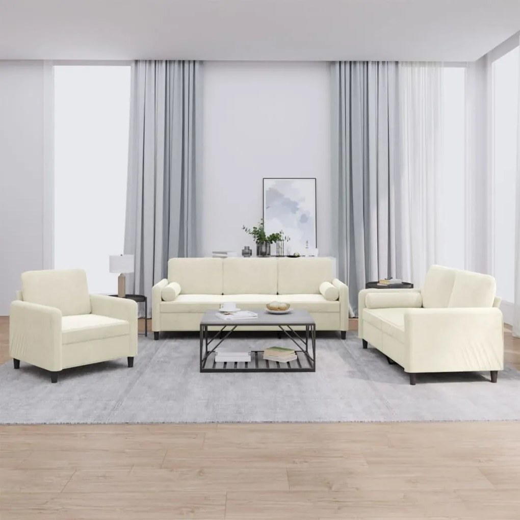 Set Di Divani 3 Pz Con Cuscini Crema İn Velluto /