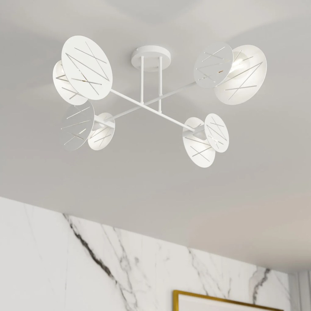 Plafoniera 4 Luci Plutone In Acciaio Bianco A Bracci E Diffusori A Cerchio