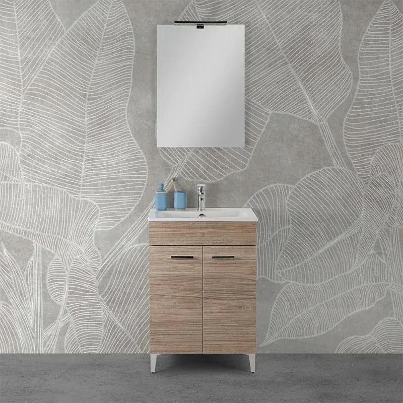 Mobile bagno a terra 60 cm rovere tropea con 2 ante lavabo e specchio Martha