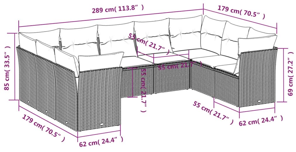 Set Divani da Giardino 9pz con Cuscini Marrone in Polyrattan