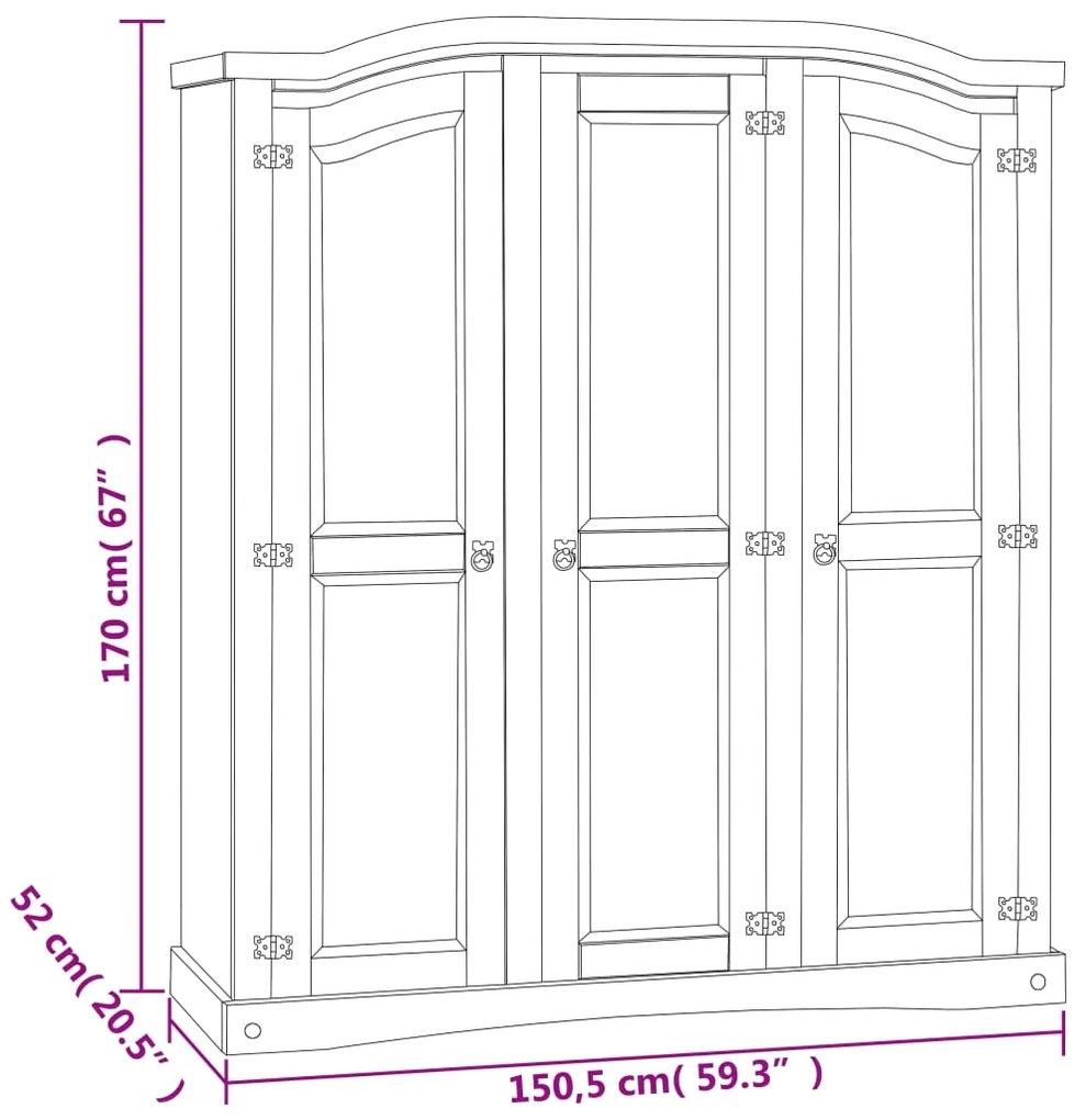 Armadio in legno di pino messicano corona 3 ante bianco