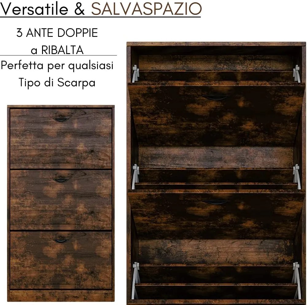 Scarpiera Salvaspazio da Ingresso, in Legno, 3 Ante Ribalta, Moderna– 60x24x120h